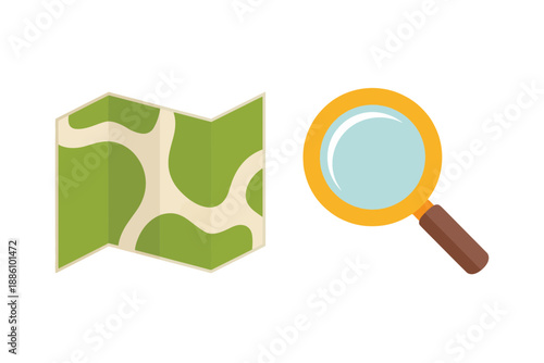 Green Map and Yellow Magnifying Glass Icon for Navigation and Search