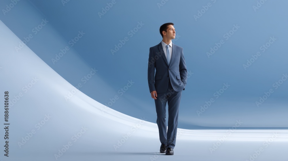 Obraz premium Confident Businessman Walking in Stylish Suit on Abstract Blue Background with Smooth Curves and Modern Design Elements