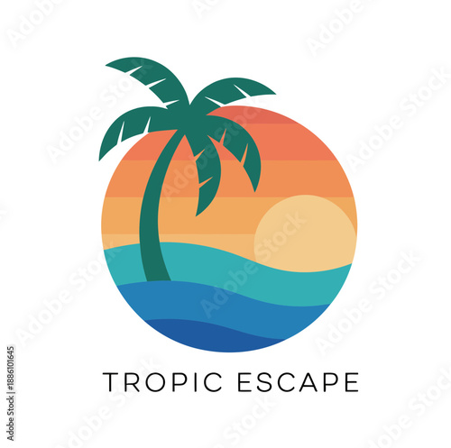 Tropical getaway with palm tree, sunset, and ocean waves in a circular illustration design