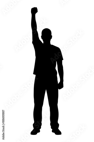 Protest and uprising vector illustration: a powerful silhouette of a man with a raised fist, symbolizing strength, revolution, and determination