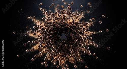 Explosion of Coffee Beans in a Dark Environment.