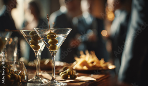 Elegant martini glasses filled with clear liquid garnished with green olives on a wooden table at a social gathering