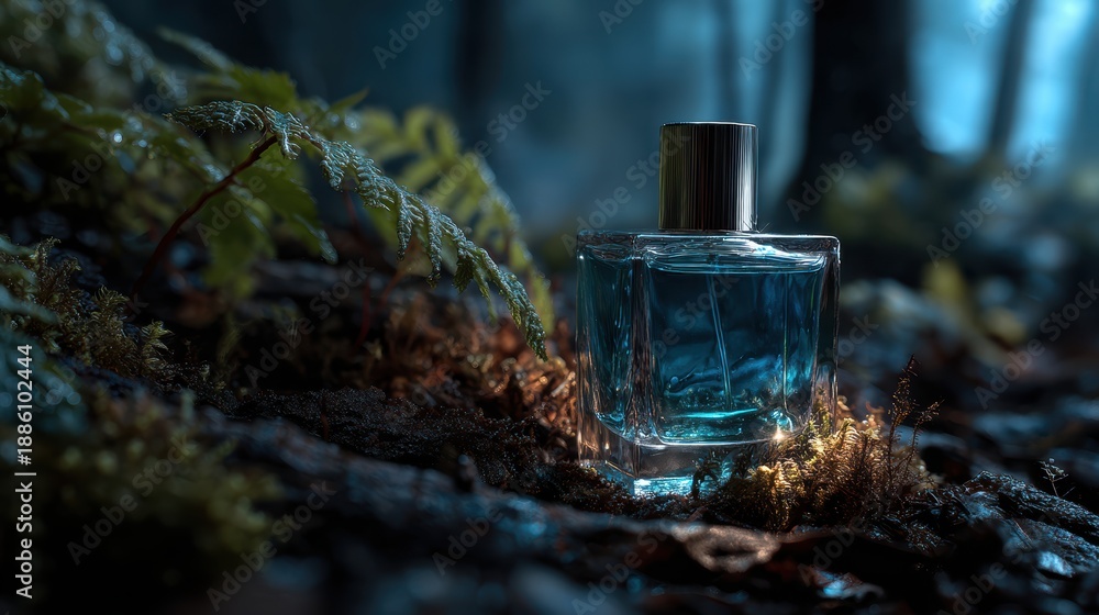 Fototapeta premium Captivating Blue Perfume Bottle Surrounded by Lush Greenery and Mist