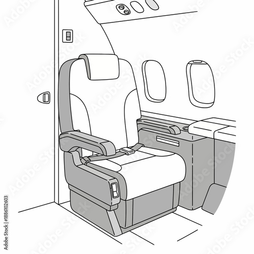 Airplane Passenger Seat with Seatbelt - Line Art Illustration