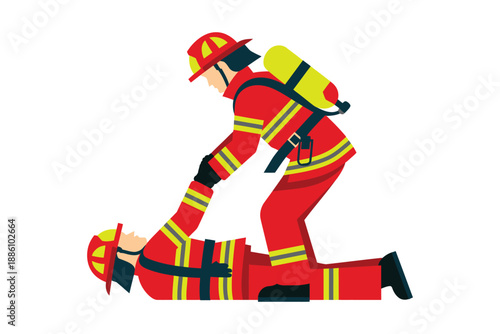 Firefighter assists an injured colleague by pulling him to safety outdoors.