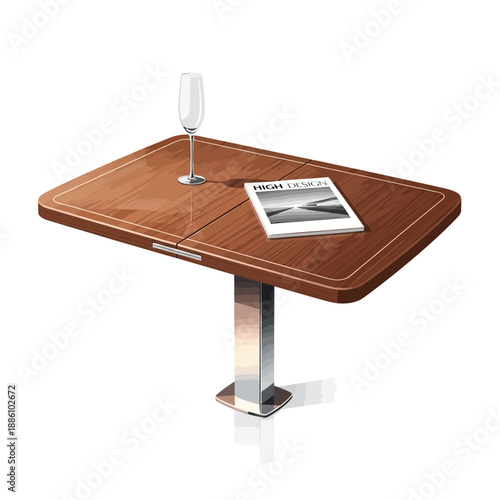 Elegant wooden table with champagne glass and magazine on white background