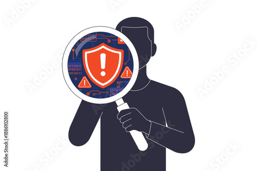Silhouette examines magnified security shield with warning signs.