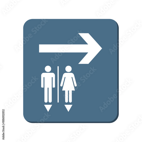 Restroom sign with arrow pointing right, male and female icons