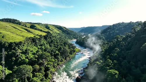 Scenic River Adventure Video, Nature Exploration, Lush Landscape, Aerial View, Serene Environment