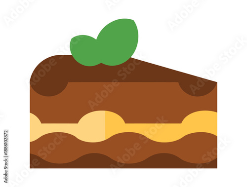 Slice of rich chocolate layer cake with yellow cream filling and mint.