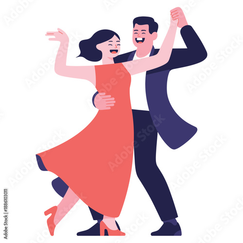 Joyful couple performs an elegant ballroom dance with enthusiastic smiles.