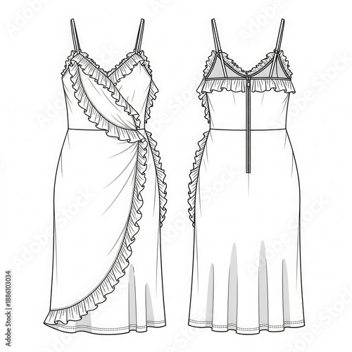 Fashionable Ruffled Wrap Dress Technical Drawing for Design.