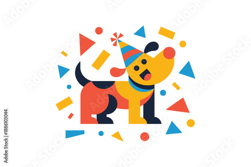Happy dog wearing a festive party hat celebrates with colorful confetti.