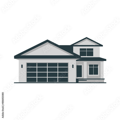 Modern suburban house with attached garage presents clean architectural.