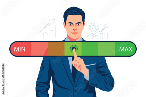 Businessman adjusts a performance indicator scale between minimum.