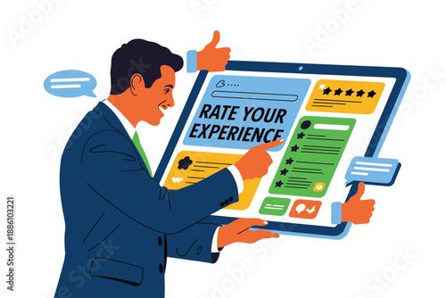 Businessman rates customer experience with a five star rating on a large.