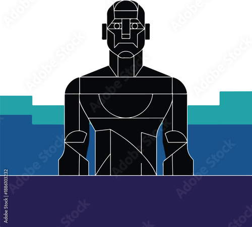 A striking, stylized black geometric figure, resembling a bust, stands against a layered background of white, teal, and blue, with a deep purple base. Modern art conveying strength and dignity.