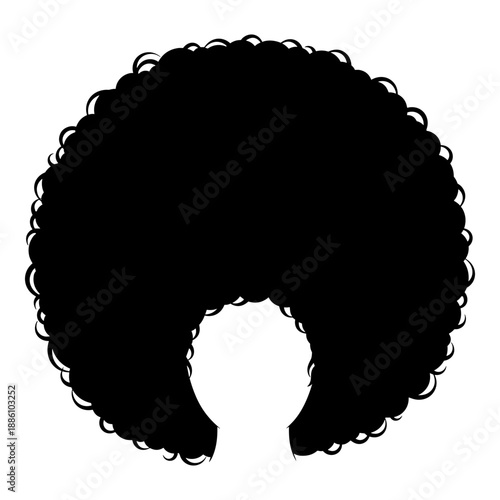 Black silhouette of large afro hair wig on white background