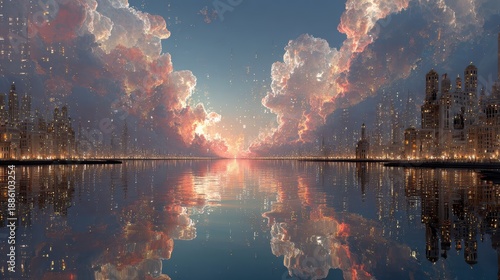 Serene Sunset Over Cityscape Reflecting in Calm Water