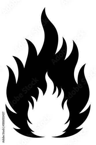 Fire flame icon on white background, black flat vector image, illustration