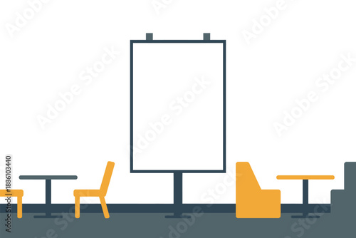 Blank billboard mockup stands in an empty modern seating area with tables.