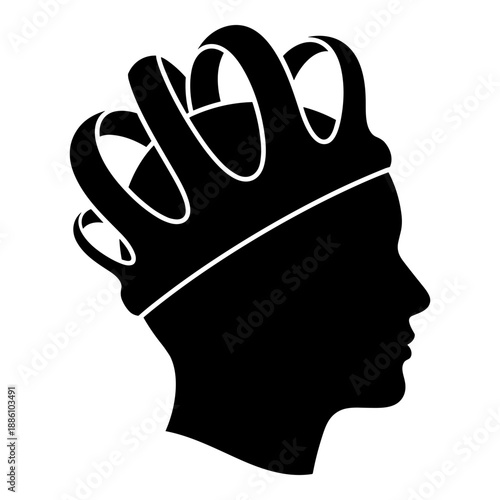 Human head silhouette in profile wearing a jester hat with bells