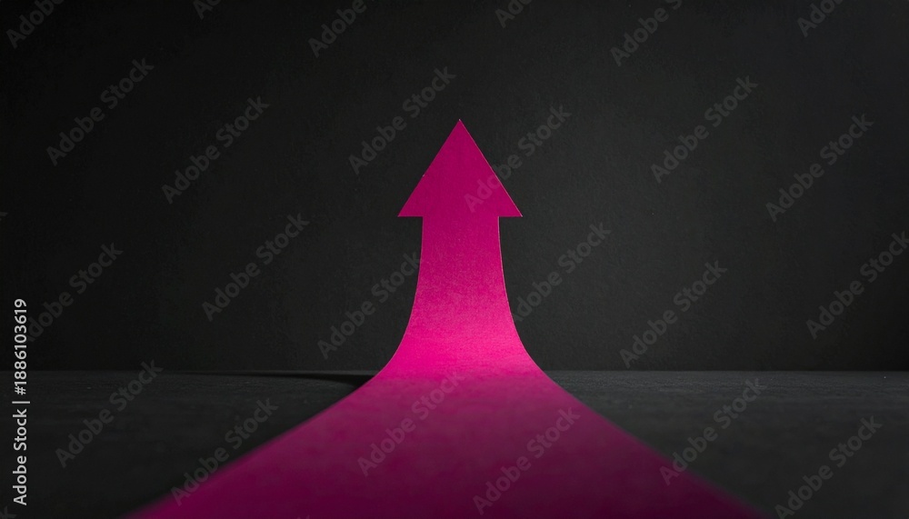 Fototapeta premium Bright magenta arrow pointing upwards on a dark background, symbolizing growth and success