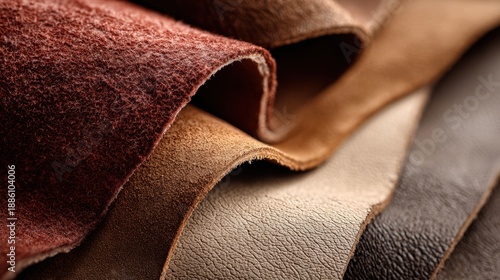 Collection of natural leather samples of different brown shades and textures in a close-up view.