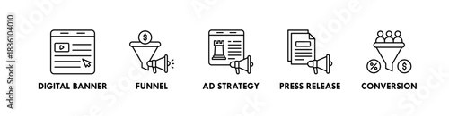 Ad Campaign banner web icon illustration concept with icon of digital banner, funnel, ad strategy, press release, and conversion