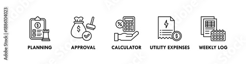 Budgeting banner web icon illustration concept with icon of planning, approval, calculator, utility expenses, and weekly log