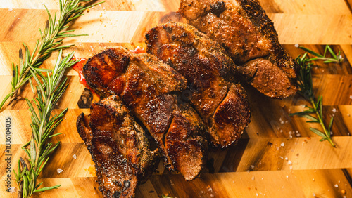 Foto Sliced boneless lamb leg arranged on a wooden board, crispy outside and juicy inside