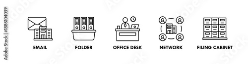Office and Workplace banner web icon illustration concept with icon of email, folder, office desk, network, and filing cabinet
