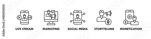 Influencer banner web icon illustration concept with icon of live stream, marketing, social media, storytelling, and monetization