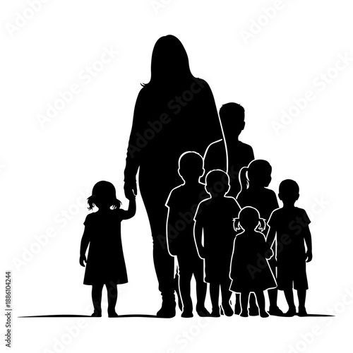 Silhouette of mother with many children standing together in a group, family concept