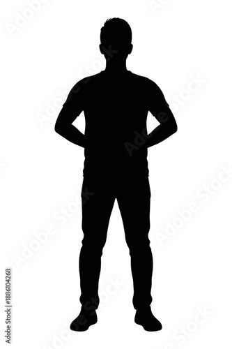 Full length silhouette of young man standing with hands behind back on white background