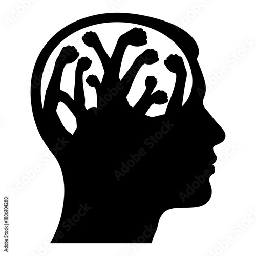Human head profile silhouette with raised fists inside brain representing social movement