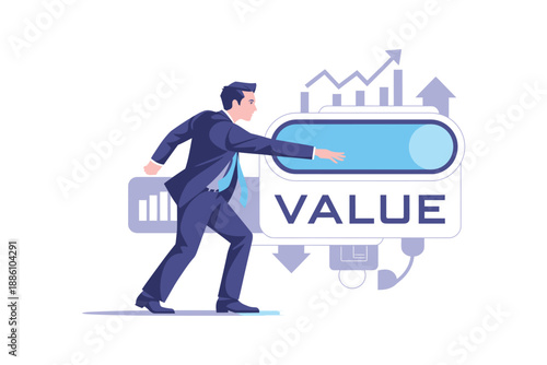 Businessman pushing forward digital interface representing increased.