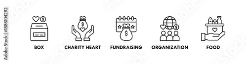 Charity banner web icon illustration concept with icon of box, charity event, fundraising, organization, and food