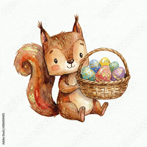 a squirrel with a basket of Easter flowers
