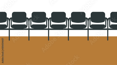 Row of empty dark waiting room chairs sits above a solid brown floor.