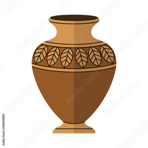 Ancient Greek style pottery vase features a traditional symmetrical leaf.