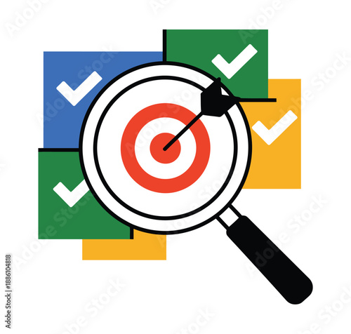 Magnifying glass examines successful checklist items hitting a central.