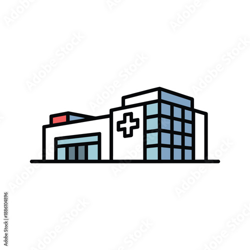 Modern hospital building icon symbolizes urgent medical care.