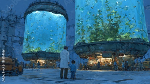 Futuristic Laboratory with Large Aquatic Tanks and Scientists Observing