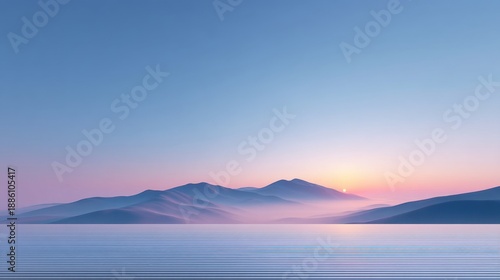 Serene Sunrise Over Gentle Hills and Calm Waters with Soft Pastel Colors and Tranquil Atmosphere in a Scenic Landscape Photography © buraratn