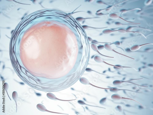 Human egg cell with sperm in blue fluid background, microscopic 3D video, for fertility clinic, assisted reproduction, reproductive medicine, biology education, medical training.