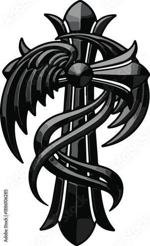 A dark, stylized chrome cross intertwined with elaborate gothic wings and scrollwork, rendered with metallic sheen and intricate details.