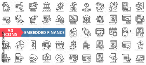 embedded finance icon set outline style illustration. containing user verification, identity check, fraud detection, account linking, open banking, pay later, payment, platform, secure, subscription