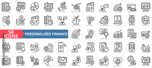 personalized finance icon set outline style illustration. containing expense categorization, investment advice, custom insights, digital banking, account aggregation, bill reminders, personal advisor