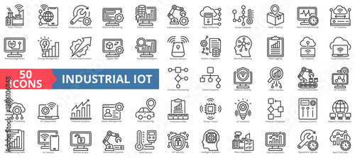 industrial iot icon set outline style illustration. containing internet of things, sensor fusion, protocol conversion, condition monitoring, cloud connectivity, remote diagnostics, edge computing
